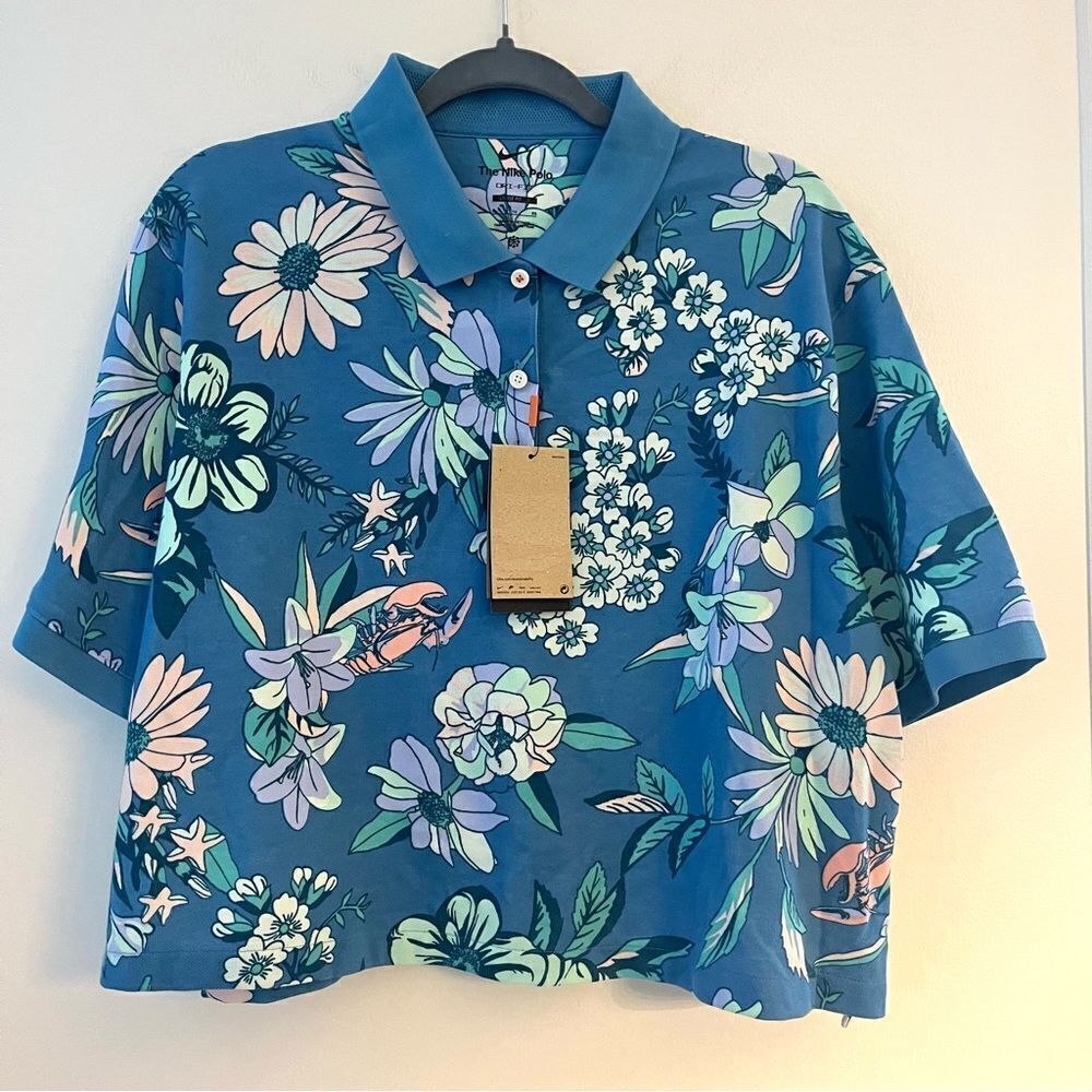 Nike Womens Ace Dri Fit Cropped Golf‎ Blue Floral Print Collared Polo Top, NWT